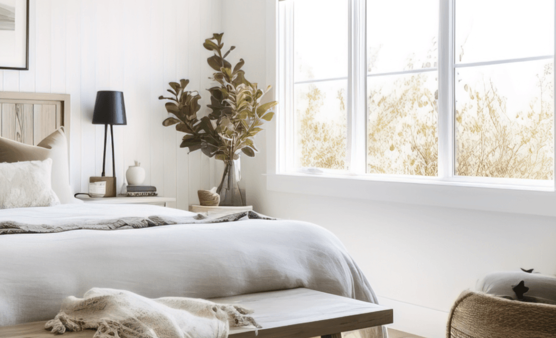 sypialnia w stylu modern farmhouse